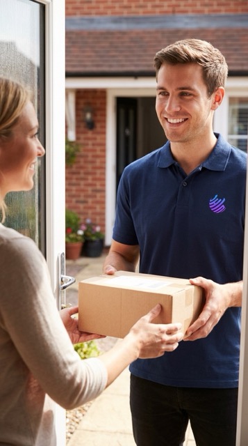 Hovership delivery driver handing a package to a customer