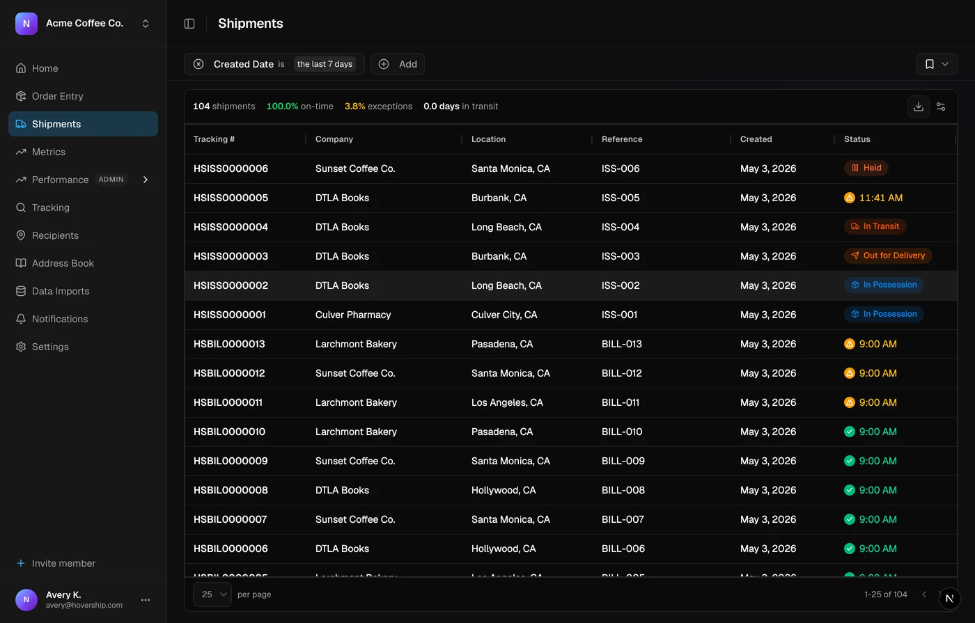 Hovership shipments dashboard with live status