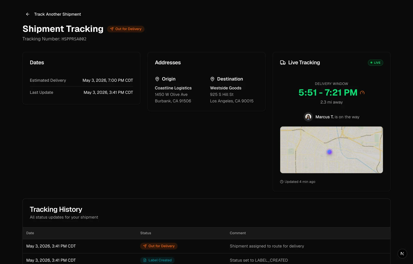 Hovership tracking screen with live driver ETA