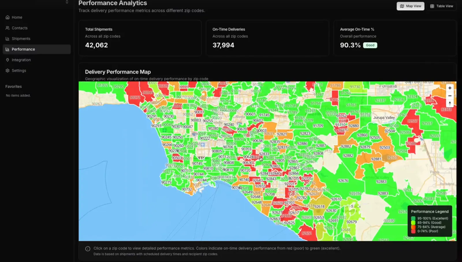 Hovership delivery performance map by zip code
